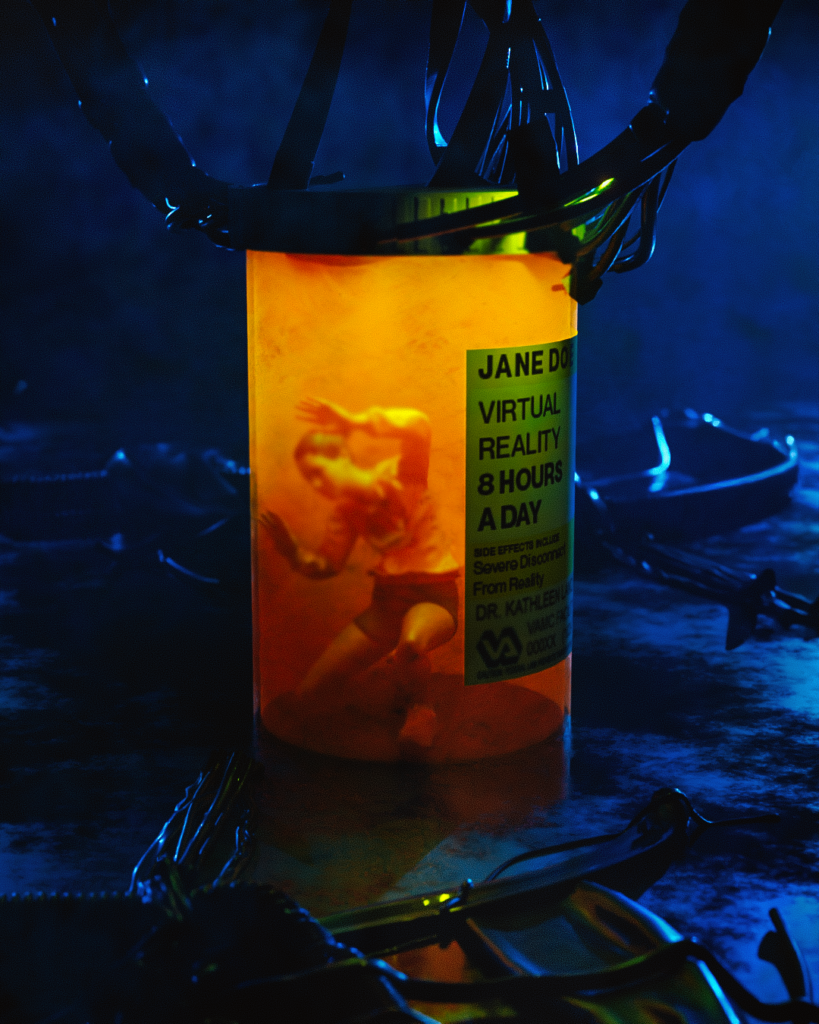 A dark blue landsape with a yellow bottle showing a human trapped within. 